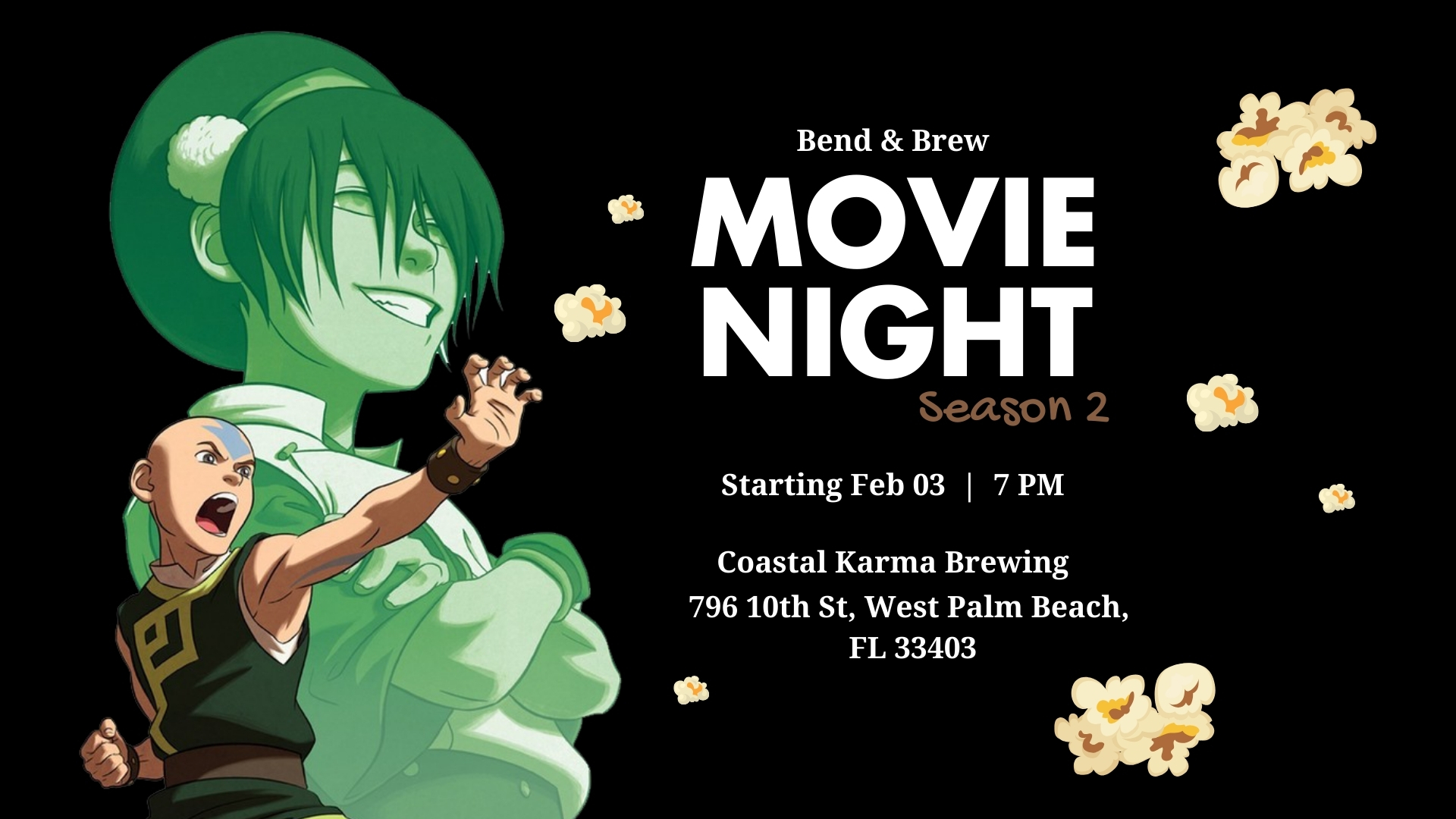 Event Flyer: Bend & Brew Movie Night at Coastal Karma Brewing starting February 3, 2025 at 7 PM