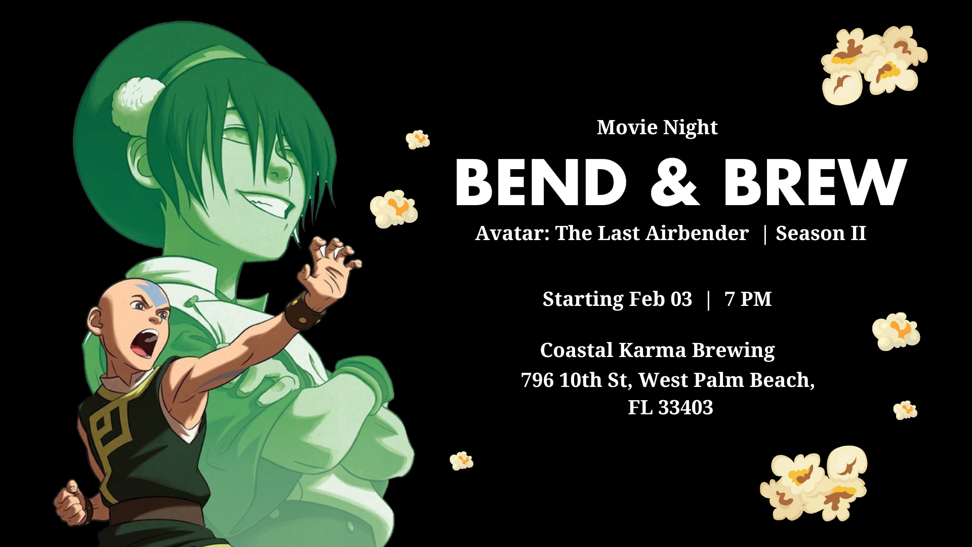 Event Flyer: Bend & Brew Movie Night at Coastal Karma Brewing starting February 3, 2025 at 7 PM