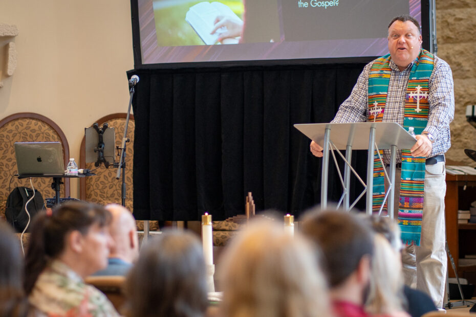 Pastor Mike Zdorow delivering a Sunday service message at The Gathering Place Church in Palm Beach Gardens