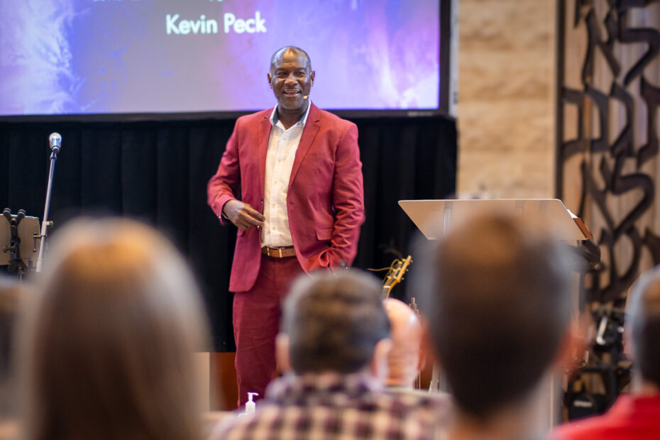 Kevin Peck delivers a Sunday message to an audience at The Gathering Place Church in Palm Beach Gardens