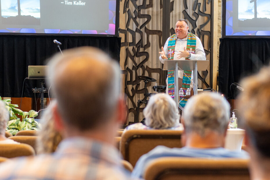 Pastor Mike Zdorow delivering a Sunday message to church listeners at The Gathering Place church in Palm Beach Gardens