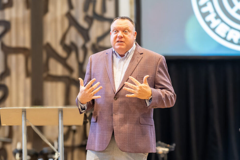 delivers a message at The Gathering Place Church in Palm Beach Gardens