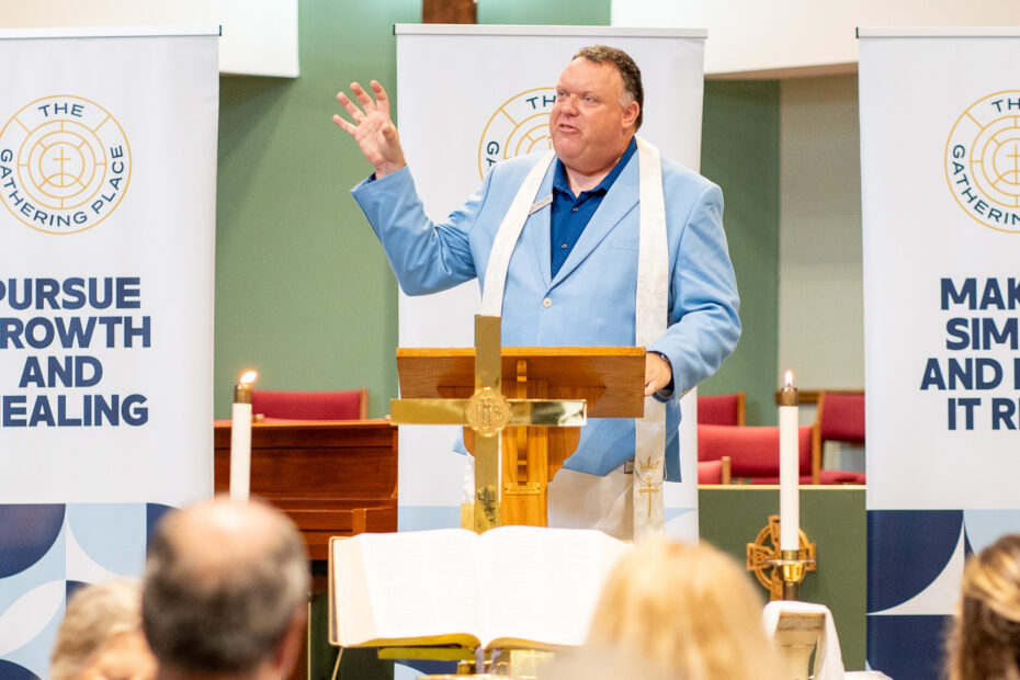 delivers a message at The Gathering Place Church in Palm Beach Gardens